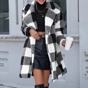 Black and White Plaid Teddy Coat